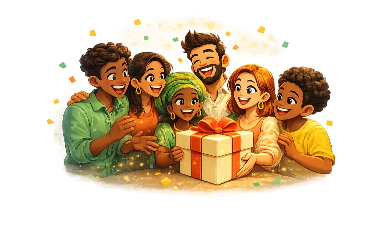 Friends celebrating together around a group gift